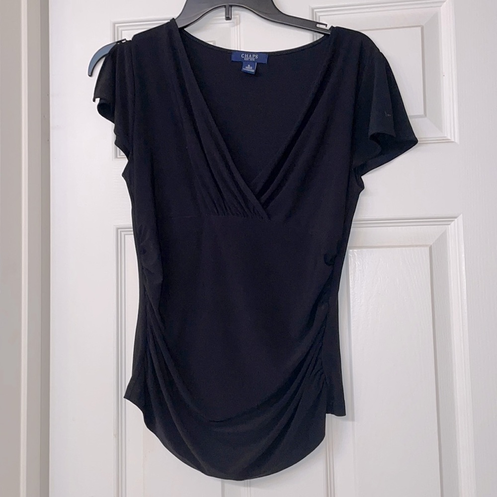 Chaps Black V-neck flutter sleeves with ruched sides